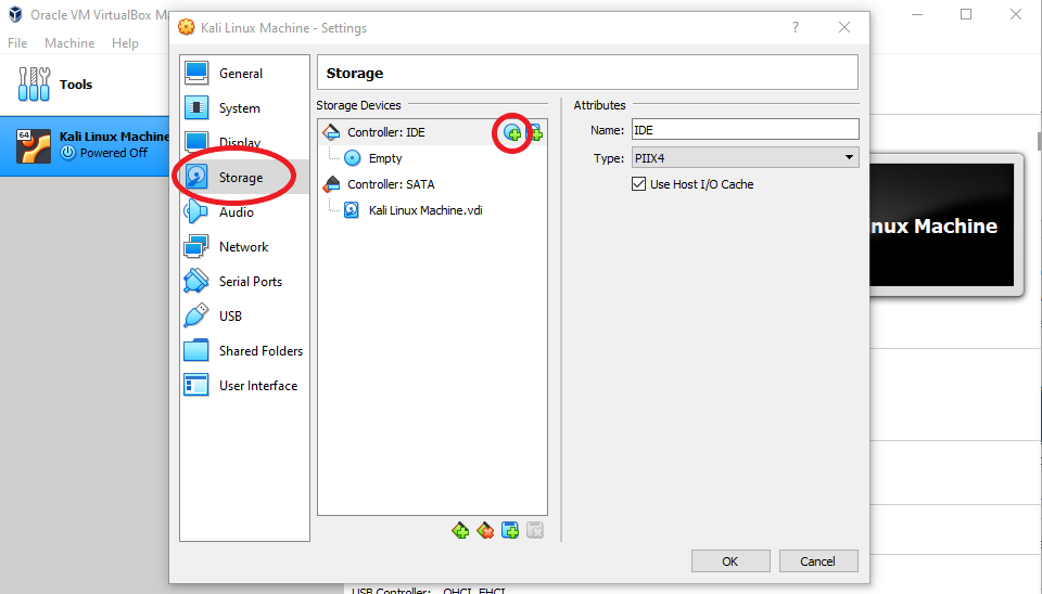 VirtualBox Windows with the Storage tab and the add disk button emphasized