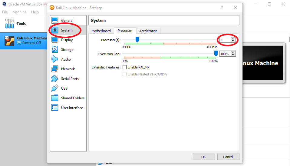 VirtualBox Windows with the System tab and Processor tab emphasized